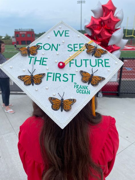 Graduation Cap Designs High School 2024, Frank Ocean Cap Graduation, Ocean Grad Cap, Frank Ocean Grad Cap, Ocean Graduation Cap, Frank Ocean Graduation Cap, Cute Grad Caps, 2enior Ye4r, College Grad Cap Ideas