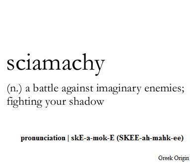 sciamachy - noun - a battle against imaginary enemies; fighting your shadow... sounds like that the old adage, 'we are our own worst enemy' One Sentence Quotes, Honeymoon Avenue, Uncommon Words, Fancy Words, Weird Words, Unusual Words, Rare Words, Word Definitions, Words To Use