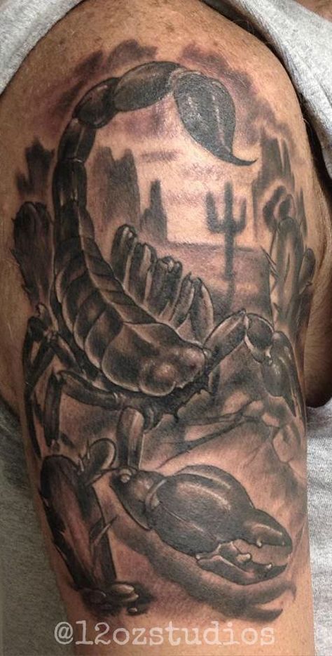 Fantastic black and grey desert scorpion desert scene cactus mountains male arm tattoo by Alex Feliciano. Scorpion Sleeve Tattoo, Scorpion Arm Tattoo Men, Tatoos Men Scorpion, Scorpion Forearm Tattoo, Scorpion Tattoo Masculine, Tattoo Ideas Male, Men’s Scorpion Tattoo, Scorpion Desert, Desert Scorpion