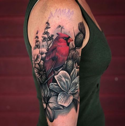 Red Cardinal Tattoo With Flowers, Redbird Tattoo Cardinals, Cardinal Cover Up Tattoo, Cardinal Arm Tattoos For Women, Cardinal Sleeve Tattoos For Women, Cardinal And Flower Tattoo Sleeve, Bird Cover Up Tattoos For Women, Cardinal Bird Tattoos For Women, Red Bird Tattoos For Women