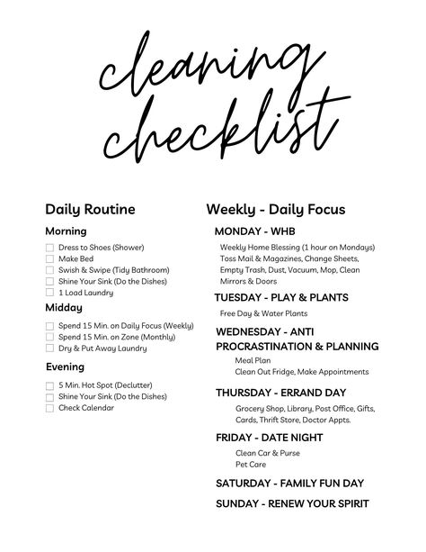 New editable file! This will give you a link to then edit your cleaning checklist in Canva.  -Cleaning Checklist -Daily Cleaning Checklist -Daily Routine -Daily Focus -Monthly Cleaning -Monthly Zones -Deep clean 15 min. Daily -Daily Routine Chart -Daily Focus Chart -Monthly Zone Chart This is a digital download. Nothing will be mailed to you. Purchase includes one downloadable file. Please let me know if you have any questions regarding downloading your file! Cleaning Checklist Daily, Daily Focus, Daily Cleaning Checklist, Monthly Cleaning, Daily Routine Chart, Clean 15, Routine Daily, Chic Tattoo, Routine Chart