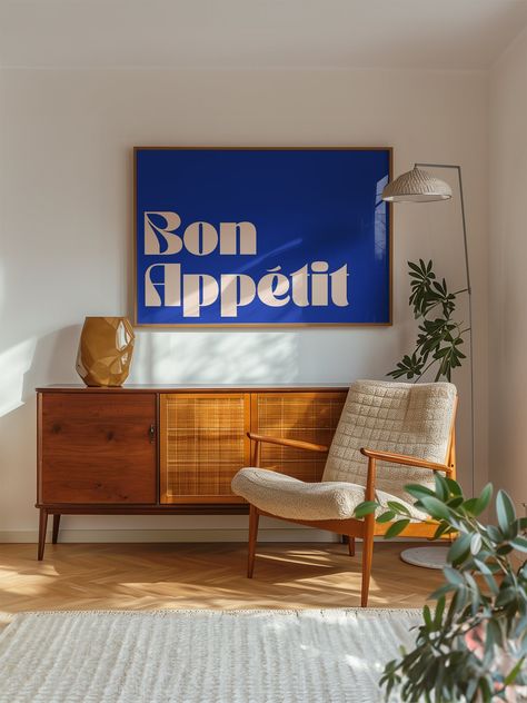 Upgrade your kitchen decor with the Blue Bon Appetit Poster. Featuring modern typography, this poster is the perfect addition to any food lover's home. Hang it proudly to add a touch of style and sophistication to your space. Mid Century Scandinavian, Kitchen Posters, Modern Typography, Furniture Inspiration, Black And White Abstract, Classic Food, Kitchen Art, Flower Market, Turks And Caicos