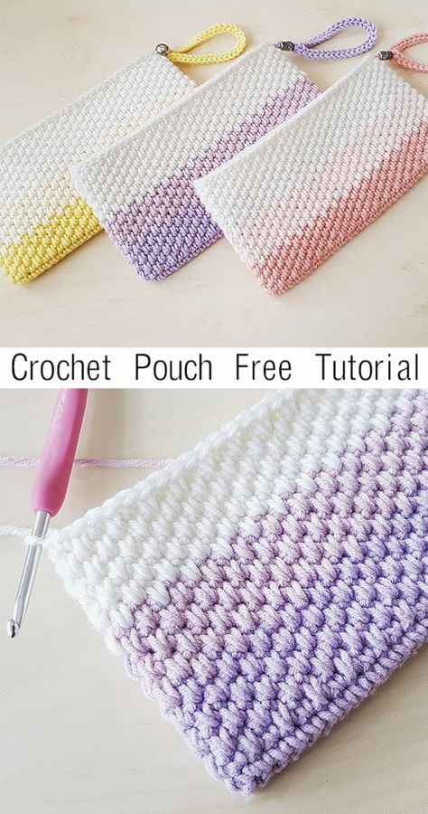 Free Crochet Tutorial Simple Pouch, Crochet Clutch Bags, Crochet Shoulder Bags, Confection Au Crochet, Crochet Pouch, Beginner Knitting Projects, Crochet Clutch, Crochet Simple, Knit Stitch Patterns