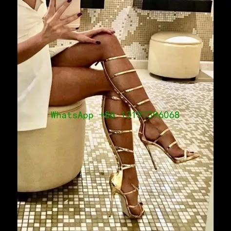 Ladies golden metal decorative high heel boots hollow elegant high heels open toe stiletto high heels cover heel knee sandals Beautiful High Heels Stilettos, Black Strappy High Heels, Elegant Shoes Heels, Funky Heels, Extreme High Heels, Elegant High Heels, Beautiful High Heels, Fun Heels, Hot Heels