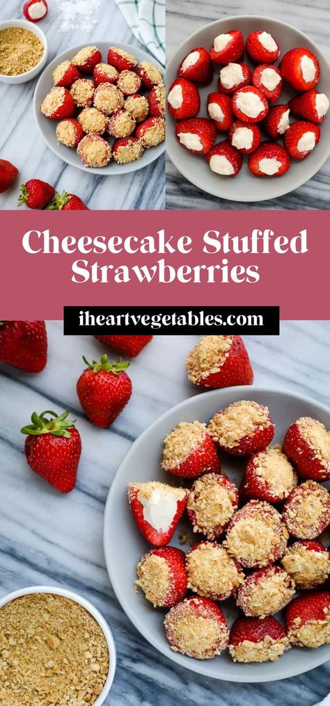 These cheesecake stuffed strawberries are a delicious treat! Juicy berries filled with sweet cream cheese and a sprinkle of graham cracker crumbs make the perfect bite-sized dessert!