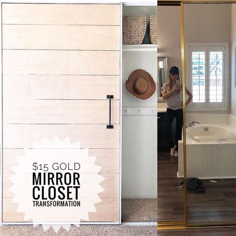 How to transform your old gold mirror closet doors for $15. spray paint and plywood. Mirror Closet Door, Angela Rose Home, Old Closet Doors, Sliding Mirror Closet Doors, Mirror Closet, Diy Closet Doors, Closet Transformation, Angela Rose, Glass Closet Doors