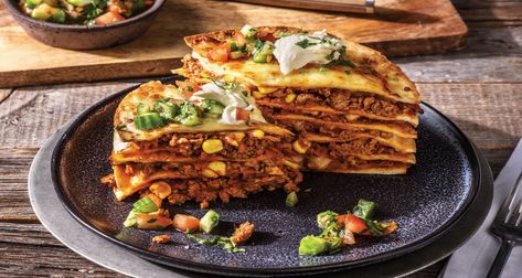 Clark's Mexican Beef Tortilla Stack Recipe | HelloFresh Mexican Stack, Tortilla Stack, Beef Tortilla, Hellofresh Recipes, Recipe With Ground Beef, Creamed Cucumbers, Cucumber Salsa, Squash And Ground Beef Recipes, Mexican Beef