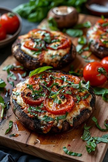 Discover the savory goodness of caprese-stuffed portobello mushrooms. Elevate your cooking with these delicious and flavorful caprese chicken stuffed portobello mushrooms. Indulge in the rich, buttery taste of caprese-stuffed garlic butter portobello mushrooms. Enjoy a burst of flavors with caprese stuffed garlic portobello mushrooms – a perfect dish for any occasion. Try out these mouthwatering recipes today and impress your family and friends! Mushroom Recipes Appetizer, Fancy Healthy Dinner, Christmas Recipes Savory, Vegan Tomato Recipes, Portobello Mushroom Recipes Healthy, Fancy Vegetables, Italian Mushrooms, Stuffed Mushroom Recipes, Portobello Recipes