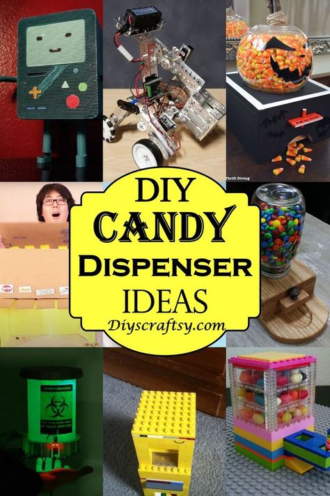 25 DIY Candy Dispenser Ideas Candy Dispenser Halloween, Candy Dispenser Ideas, Diy Candy Despencer, Diy Candy Dispenser Cardboard Easy, Handing Out Halloween Candy Ideas, Halloween Candy Dispenser, Candy Dispenser Diy, Diy Candy Dispenser, Lego Candy Dispenser