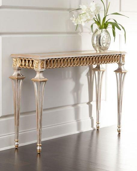 Tables - Gorgeous rectangular console table hand painted with gold and silver. Table is lined with an overlapping circular design. Designer Console Table, Luxury Console, Console Table Styling, Black Console Table, Classical Furniture, Console Table Design, Tv Console Table, Console Furniture, Console Table Decorating