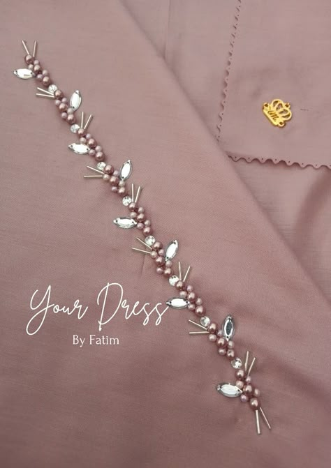 Jasa jahit online malang ig: yourdress_byfatim Beads Dress Design, Bead Embroidery Patterns For Neck, Dress Beading Patterns, Payet Ban Pinggang, Model Payet Mutiara, Neck Beads Work, Beads Design On Dress, Jainsem Design, Payet Lengan