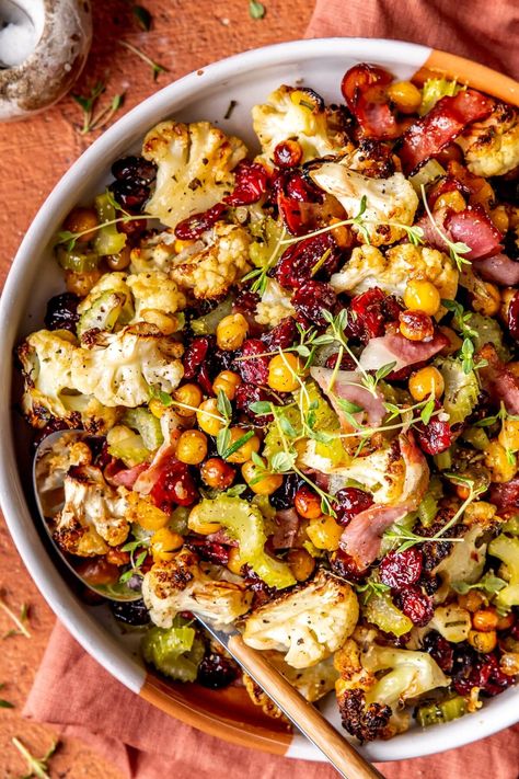 HERB AND MAPLE ROASTED CAULIFLOWER WITH CHICKPEAS Roasted Chickpeas Meal, Roasted Vegetable Dinner Ideas, Thanksgiving Chickpea Recipes, Veggie Fall Recipes, Chopped Cauliflower Recipes, Chickpea Thanksgiving Recipes, Tri Color Cauliflower Recipes, Cauliflower Recipes Main Dish, Herb And Maple Roasted Cauliflower