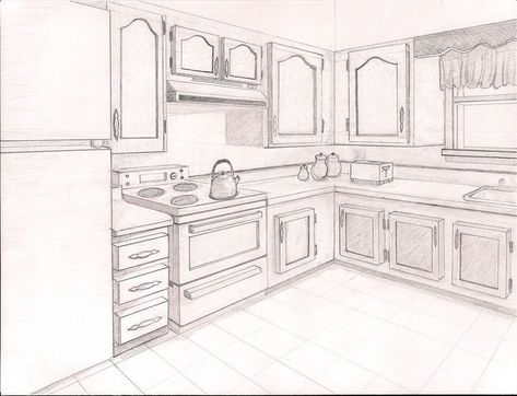 2 Point Perspective Drawing, Two Point Perspective, 2 Point Perspective, Drawing Perspective, Perspective Drawings, Interior Drawing, Perspective Sketch, Kitchen Drawing, Interior Sketches