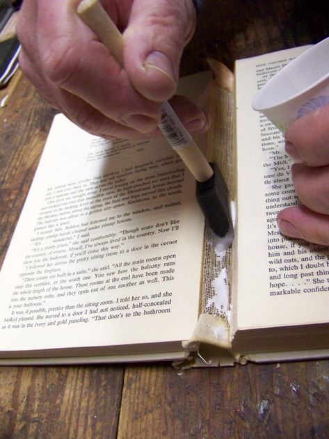 Today began like any other day; one where I’m surrounded by  things I ought to do on one side, and things I want to do on the other.  In the middle of my procrastination (actually I’m s… How To Fix A Book Binding, Book Restoration, Book Binding Glue, Art Restoration, Book Care, Book Repair, Bookbinding Tutorial, Pva Glue, Wood And Fabric