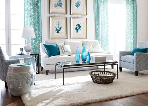 Bit of Blue Living Room Main Image Teal Blue Living Room, Narrow Living, Teal Living Rooms, Blue Living Room, Custom Sofa, Ethan Allen, Luxury Sofa, Décor Diy, Living Room Coffee Table