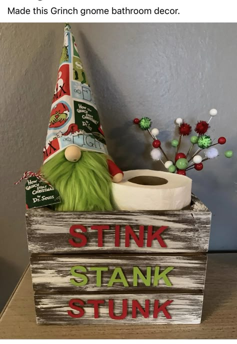 Gnome Bathroom, Grinch Gnome, Grinch Crafts, Grinch Decorations, Grinch Christmas Party, Grinch Christmas Decorations, Christmas Bathroom Decor, Farmhouse Fireplace, Christmas Bathroom