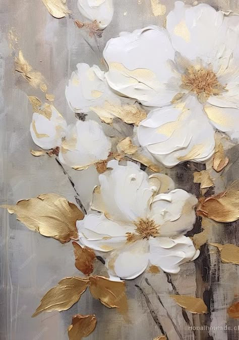 Beige Aesthetic Painting, White And Gold Painting, Gold Art Painting, Abstract Wall Painting, Flower Canvas Wall Art, Gold Painting, Abstract Flower Art, Flower Art Drawing, Flower Painting Canvas