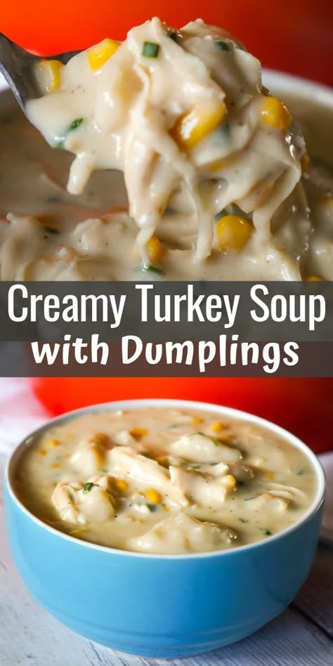 Dinners With Leftover Turkey, Turkey Potpie Soup, Creamy Leftover Turkey Soup, Creamy Turkey Noodle Soup Homemade, Turkey Dumpling Soup Easy, Turkey Soup With Dumplings, Cream Of Turkey Soup Recipe Thanksgiving Leftovers, Turkey Dumpling Soup Crockpot, Hearty Turkey Soup