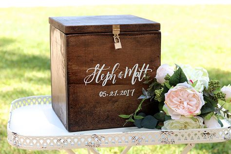 Large wooden card holder box perfect for decor at a rustic wedding Wooden Card Box Wedding, Wood Box Wedding, Wishing Well Wedding, Wooden Card Box, Box With Lock, Rings Mens, Wedding Card Box, Wooden Cards, Card Box Wedding