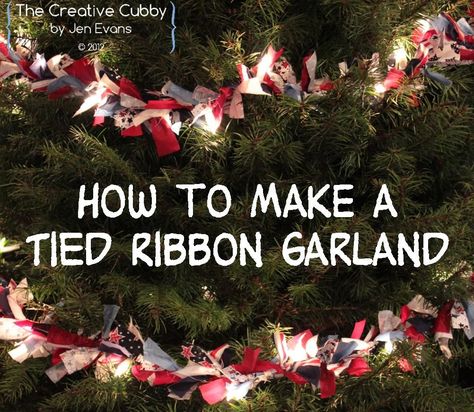 The Creative Cubby: Tied Ribbon Christmas Tree Garland I am so going to try and do this!!!! Christmas Tree Ribbon Garland, Ribbon Christmas Tree, Christmas Tree Ribbon, Tied Ribbon, Rag Garland, Tree Ribbon, Patriotic Christmas, Ribbon Garland, Ribbon Christmas