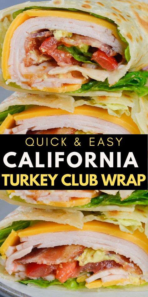 This California Turkey Club Wrap is packed with fresh vegetables, deli turkey and crispy bacon! The perfect easy wrap recipe! Is there anything more satisfying then a delicious wrap packed with fresh vegetables, deli meat and cheese? I think it is one of the easiest things to make, but it always hits the spot!  This California Turkey Club is one of my Turkey Club Wrap, Turkey Wrap, Wraps Recipes Easy, Club Wrap, Turkey Club, Wraps Recipes, Wrap Recipe, Healthy Wraps, Sandwich Wrap