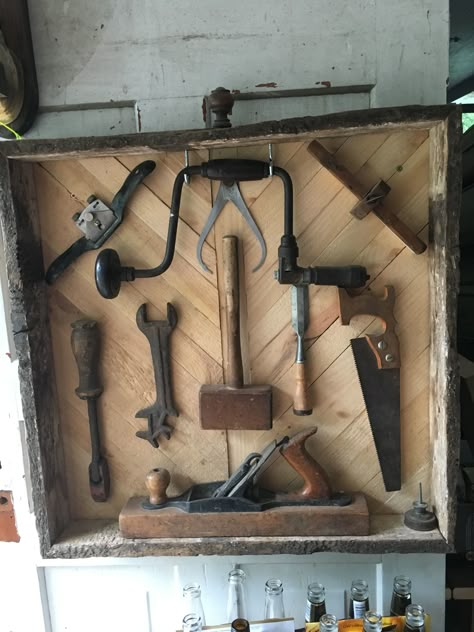 How To Display Old Tools On Wall, Collection Boxes Ideas, Old Tool Display Ideas, Display Old Tools, Antique Tools Display, Antique Tool Display, Old Tools Decor Ideas, Family Heirloom Display, Tool Display