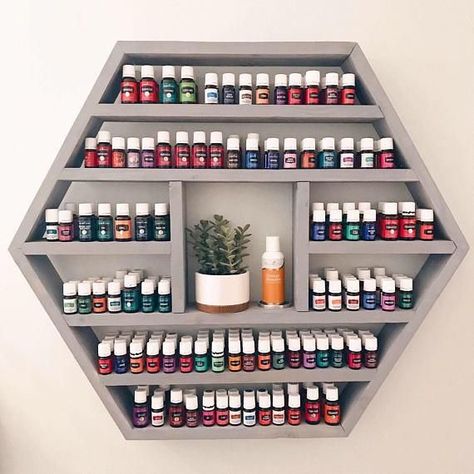 Display Shelf Hexagon, Oil Organization, Witch Oils, Essential Oil Gifts, Hexagon Shelf, Essential Oils Organization, Rangement Makeup, Longer Nails, Oil Rack