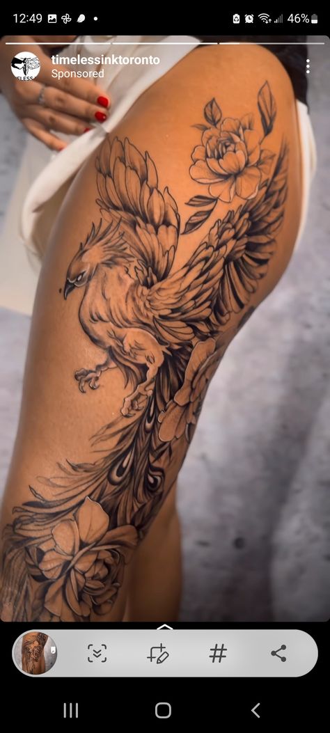 Bird Leg Sleeve Tattoo, Pheonix Tattoo Floral, Womens Large Tattoos, Phoenix Tattoo For Women Leg, Phoniex Thigh Tattoo Women, Cherry Blossom Leg Sleeve, Women’s Thigh Tattoos Big, Pheonix Tattoo For Women On Thigh, Big Tattoos For Women Thigh