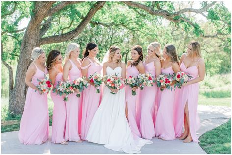 Light Pink Bridesmaid Dresses With Bright Flowers, Medium Pink Bridesmaid Dresses, Peony Pink Bridesmaid Dresses, Bubble Gum Pink Bridesmaid Dresses, Pink Pastel Bridesmaid Dresses, Summer Wedding Colors Pink, Light Pink Bridesmaid Dress, Bubble Gum Pink Wedding, Bright Pink Bridesmaid Dresses