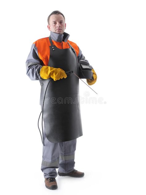 Welder. Portrait of welder wearing protective welding black leather apron, weldi #Sponsored , #paid, #affiliate, #welder, #Welder, #protective, #wearing Welder Portrait, Welding Hood, Welding Apron, Welding Hoods, Welding Electrodes, Oc Board, Leather Apron, White Image, Booth Design