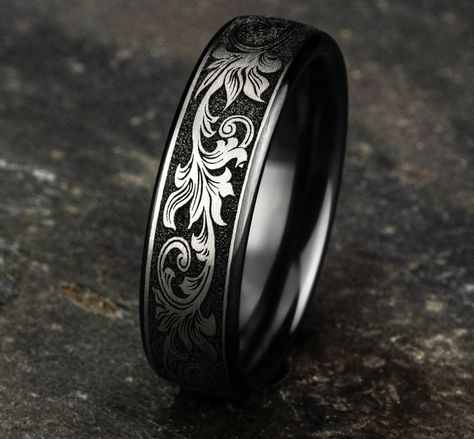 Men Engraved Rings, Gothic Wedding Rings, Vintage Script, Groom Ring, Script Design, Ring Bands, Promise Rings For Guys, Black Wedding Band, Black Wedding Rings