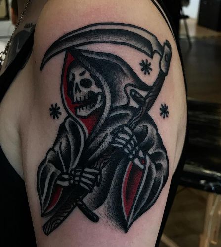 Grim Reaper Heart Tattoo, Neo Traditional Grim Reaper Tattoo, Dark American Traditional Tattoo, Grim Reaper Traditional Tattoo, Grim Reaper Tattoo Traditional, American Traditional Grim Reaper Tattoo, Traditional Black Tattoo Old School, Traditional Reaper Tattoo, Traditional Grim Reaper Tattoo