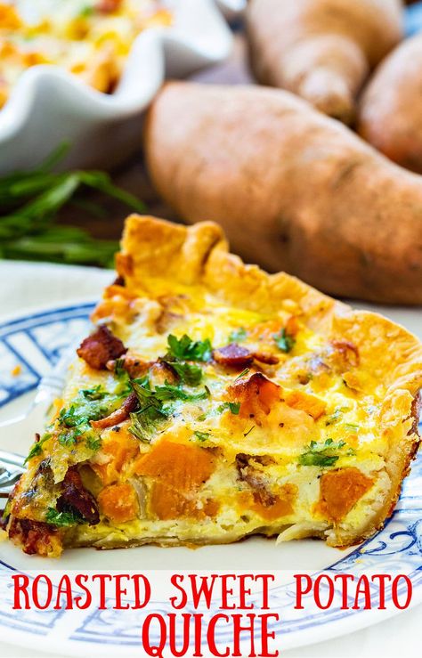 Roasted Sweet Potato Quiche Autumn Harvest Quiche, Quiche Recipes Sweet Potato, Fall Quiche Ideas, Quail Egg Quiche, Sweet Potato Quiche Recipes, Sweet Potato Pot Pie, Winter Quiche Recipes, Sweet Potato Main Dish, Sweet Potato Main Dish Recipes