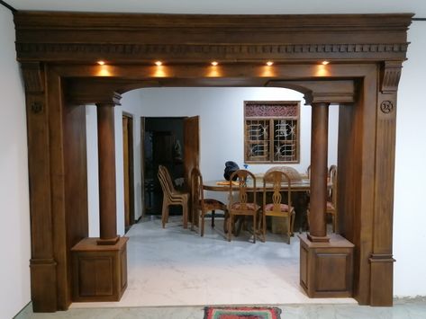 Hall To Dining Arch Design Wood, Hall To Dining Arch Design, Tudor Paneling, Minimalis House Design, House Hall Design, Arch Designs For Hall, Small Apartment Plans, Arch Designs, Window Grill Design Modern