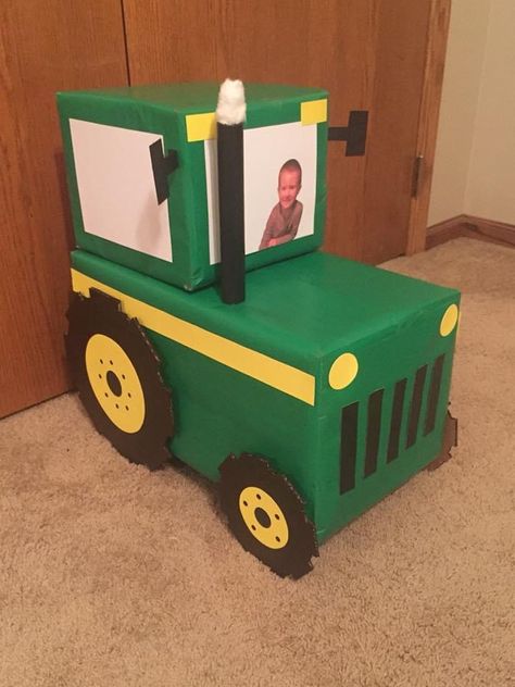 Cardboard Box Tractor, Diy Cardboard Tractor, Tractor Valentine Box Ideas, Cardboard Tractor, Cow Birthday Parties, Cowboy Theme Party, Transportation Crafts, Farm Theme Birthday, Farm Animal Party