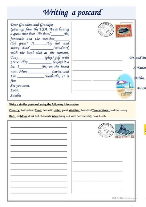 Writing a postcard - English ESL Worksheets English Writing Skills, Creative Writing Prompts, English Activities, Teaching Jobs, English Writing, Esl Worksheets, Writing Practice, English Lessons, Writing Skills