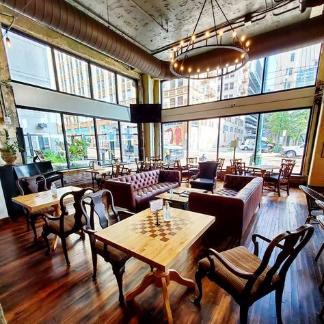 Hunker Down: Where to Go to Get Work Done in Memphis Repurposed Dining Room, Places To Study, Cafe View, Chess Board Table, Games Room Inspiration, Board Game Cafe, Game Cafe, Chess Club, Inside Decor