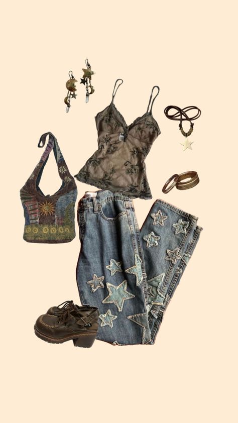 outfit inspo!!! ⭐️🌙 #stars #y2k #grunge #outfit #inspo #outfitinspo #fashion #style #clothes #aesthetic #grungeaesthetic #hippie #earthy #earthyaesthetic #hippieaesthetic #vibes #vibe #fyp #shuffle Earthy Indie Outfits, Earthy Aesthetic Clothes, Y2k Hippie Outfits, Hippie Grunge Aesthetic, Vintage Grunge Outfits, Hippie Clothes Aesthetic, Shopping Fits, Diff Aesthetics, Earthy Outfits Aesthetic