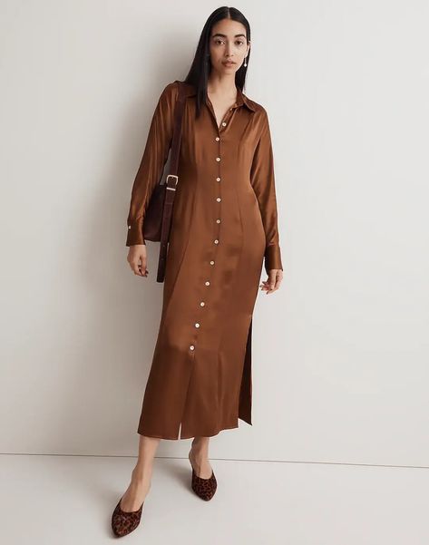 35 Elevated Pieces to Keep an Eye on for Black Friday | Who What Wear Satin Shirt Dress, Button Front Shirt Dress, Brown Shirt, Midi Slip Dress, Wrap Midi Dress, Tiered Midi Dress, Madewell Dresses, Midi Shirt Dress, Midi Dress With Sleeves