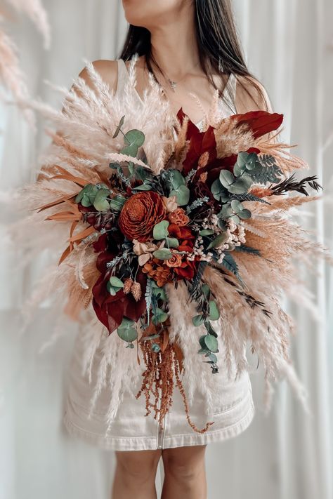 Terracotta Bridal Bouquet, Bridal Bouquet Pampas, Pampas Grass Wedding Bouquet, Grass Wedding Bouquet, Bohemian Wedding Bouquet, Boho Bridal Bouquet, Pampas Grass Wedding, Cascading Bridal Bouquets, Cascading Wedding Bouquets