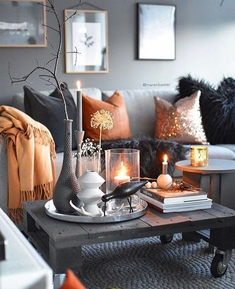 Grey And Orange Living Room, Orange Dining Chairs, Halloween Living Room, Fall Living Room Decor, Fall Living Room, Living Room Orange, Living Room Decor Apartment, Living Room Grey, A Living Room