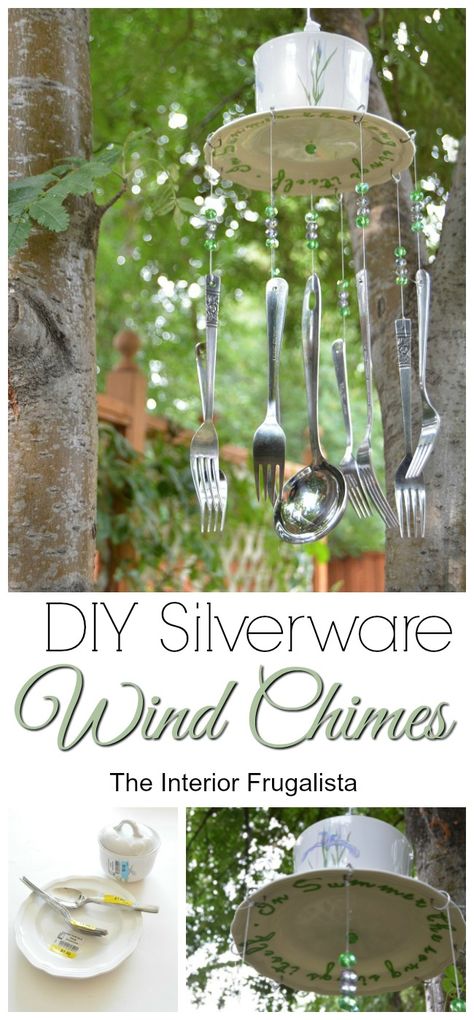 Looking for inexpensive garden decor ideas? Repurpose old dishes and silverware into whimsical wind chimes | The Interior Frugalista Silverware Windchimes Diy, Silverware Wind Chimes, Recycle Decoration, Silverware Windchimes, Garden Art From Junk, Garden Diy Decoration Ideas, Windchimes Diy, Recycled Silverware, Seashell Wind Chimes