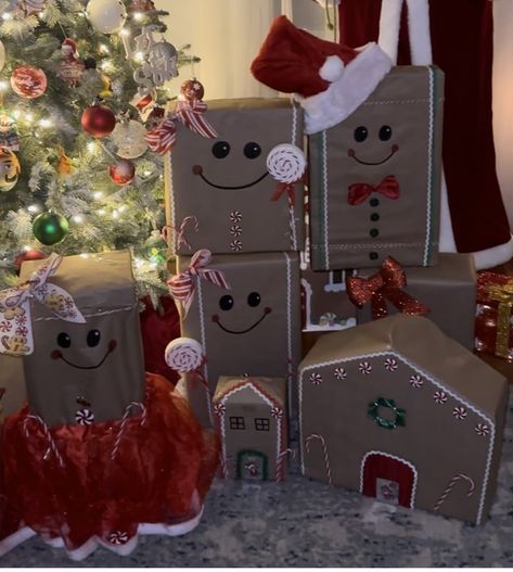 Gingerbread wrapping with dollar tree brown wrap, hats, skirts Gingerbread Present Wrapping, Gingerbread Wrapping Ideas, Gingerbread Gift Wrapping Ideas, Christmas Gift Wrapping Ideas For Kids, Large Gift Wrapping Ideas, Wrap Hats, Christmas Tower, Themed Gift Ideas, Christmas Gift Themes