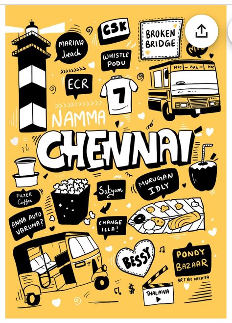 Madras Day Drawing, Chennai Illustration Art, Madras Day Posters, Madurai Illustration, Chennai Paintings, Chennai Drawing, Chennai Doodle, Desi Doodle, Kollywood Illustration