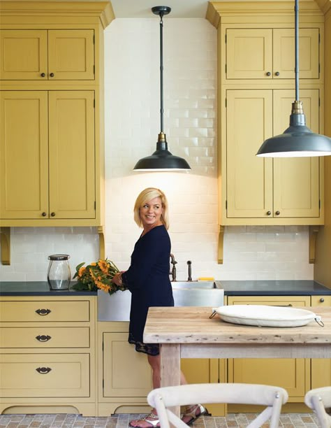 Color Crush: Bask In The Warmth Of Buttercup Yellow - House & Home Yellow Kitchen Inspiration, Farmhouse Brick, Mustard Kitchen, Mustard Yellow Kitchens, Yellow Kitchen Cabinets, Brick Floor, Yellow Cabinets, Kabinet Dapur, Classic Kitchen