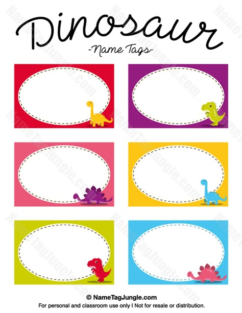 Free printable dinosaur name tags. The template can also be used for creating items like labels and place cards. Download the PDF at http://nametagjungle.com/name-tag/dinosaur/ Preschool Name Tags, Dinosaur Kids Party, Cubby Labels, Tag Template Free, Cubby Tags, Classroom Name Tags, Name Template, Dinosaur Name, Printable Tags Template