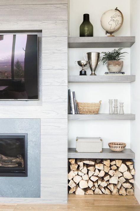 Fireplace And Shelves, Studio Mcgee Fireplace, Studio Mcgee Living Room, Fireplace Shelves, Living Room Built Ins, Fireplace Built Ins, Firewood Storage, Coastal Living Rooms, Fireplace Remodel