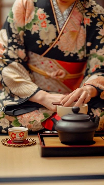 StockCake A person in a floral kimono participates in a traditional Japanese tea ceremony with grace. Traditional Japanese Tea Ceremony, Japanese Tea Ceremony Aesthetic, Tea Ceremony Japan, Traditional Tea, Cast Iron Tea Pot, Japanese Tea Ceremony, Guilty Gear, Floral Kimono, Japanese Tea