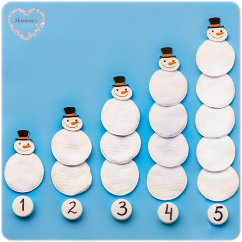 Snowmen-Facial-Pads-Count-Numbers-1-5 Montessori #Math Montessori Winter preschool and kindergarten kids activities to promote literacy, numeracy and fine motor control through the power of hands-on sensory play. Montessori-Winter-Activities-for-KIDS #montessori #preschool #homeschool #montessoriathome #earlylearning #kidsactivities #winteractivities #wintercrafts #winterwithkids #winterbooks #winterdiy #winternumeracy #numeracy #diy #earlyyears #prek #preschool #kindergarden #craft Winter Kids Activities, Snowman Counting, Activities For Kindergarten Children, Winter Math Activities, Snowmen Activities, Winter Activities Preschool, Learn And Play, Crafts Preschool, Winter Kindergarten