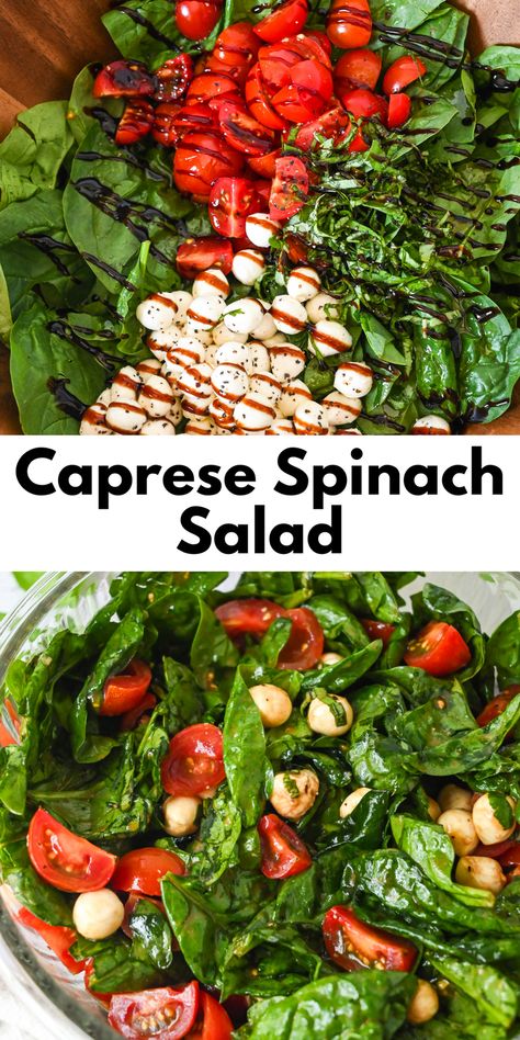 This Caprese Spinach Salad is the ultimate summer delight! Combining fresh baby spinach, juicy cherry tomatoes, creamy mozzarella pearls, and fragrant basil, all drizzled with a rich balsamic glaze. Ready in just 10 minutes, it's the perfect side dish for BBQs or a light meal on warm days. Elevate your summer menu with this refreshing and nutritious salad! Winter Salad Ideas, Easy Caprese Salad, Pesto Tortellini Salad, Salad With Spinach, Bowtie Pasta Salad, Italian Side Dishes, Easy Bruschetta, Mozzarella Pearls, Caprese Salad Recipe